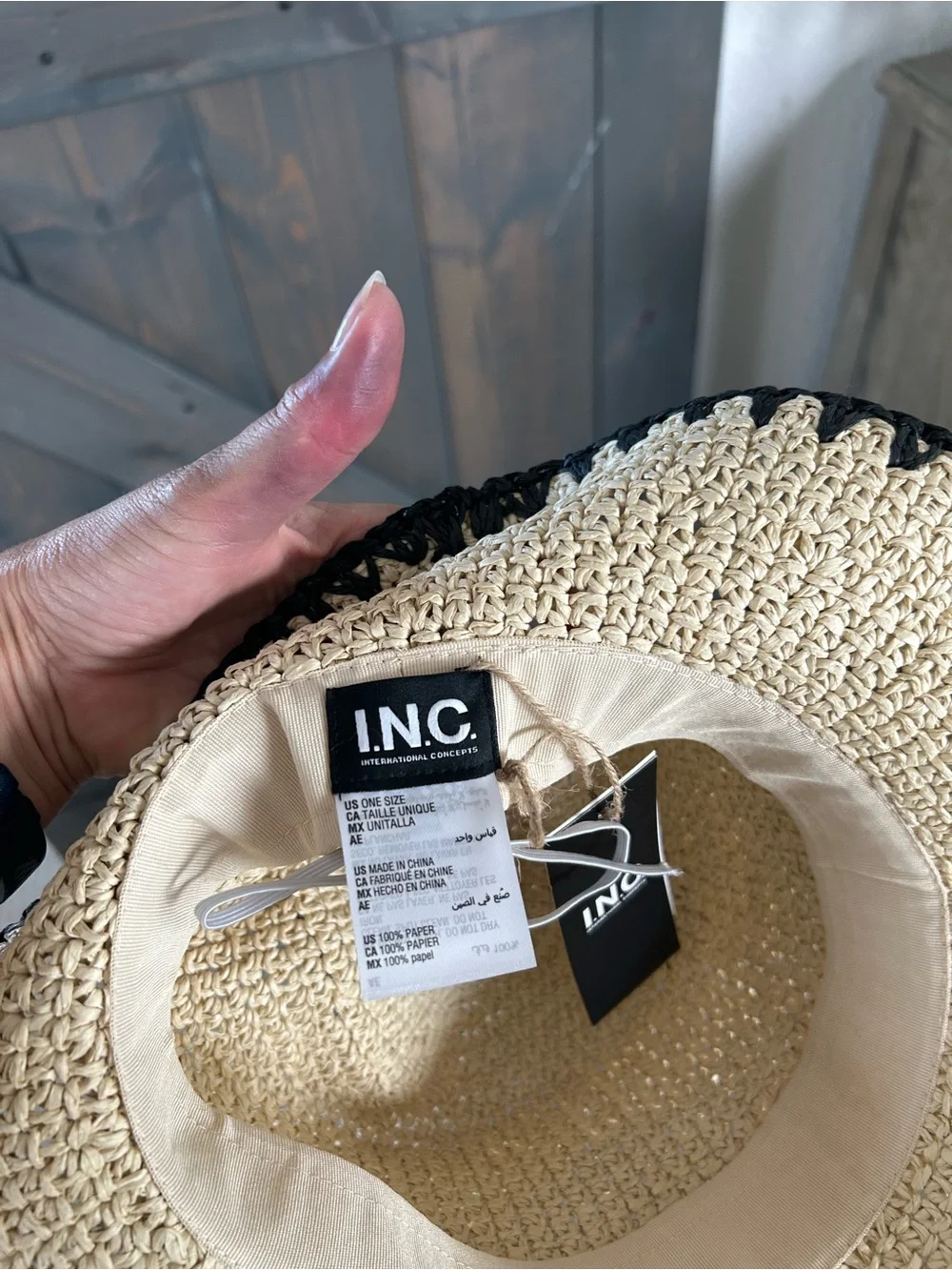 INC International Concepts Cream Straw Bucket Hat with Black Trim